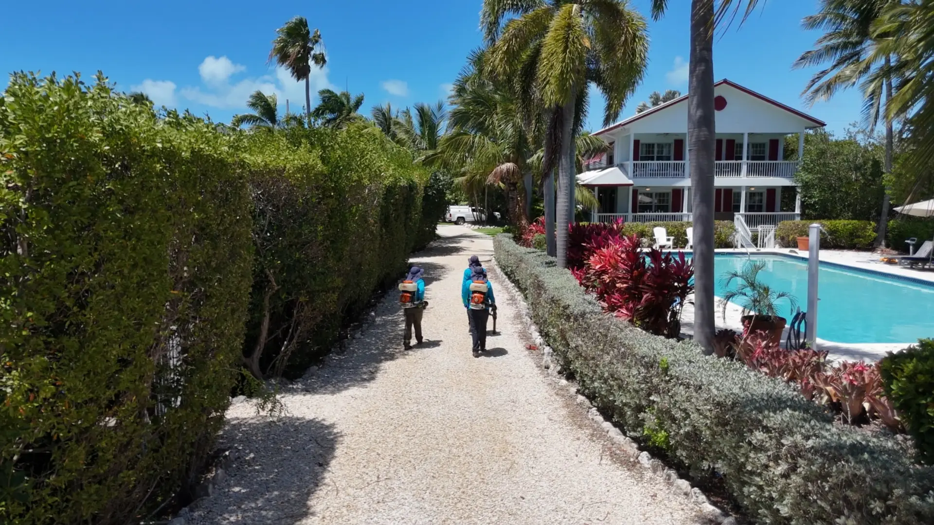 Two Natural Resources technicians walking to a Miami home for treatment