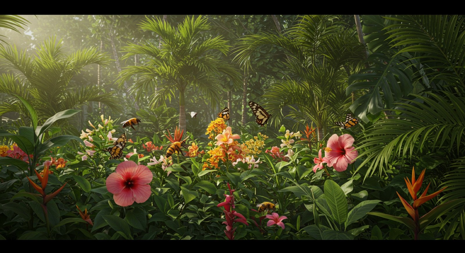 Lush Miami garden with bees and butterflies among tropical flowers